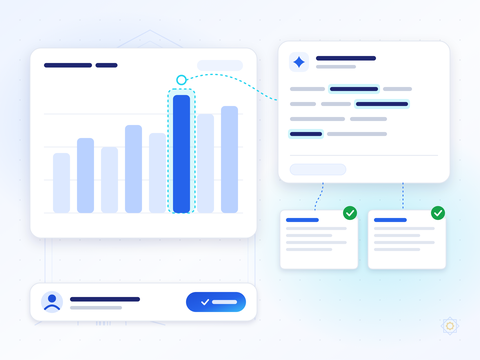 Illustration: an assistant explains a highlighted figure in a chart and links each statement to checked source documents, while a person reviews and confirms.