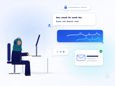 Illustration: a support specialist in a hijab and headset follows a secure conversation, with messages in Arabic and English and a reply by email.