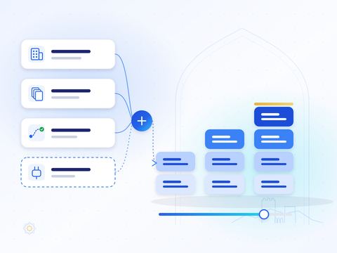 Illustration: building blocks for organisation size, document volume, onboarding and optional integration combine into plans of increasing size.
