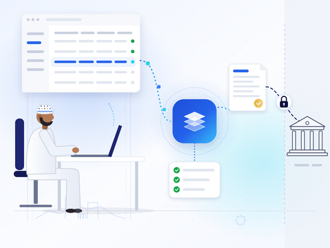 Illustration: a finance professional in a dishdasha and kumma works at a laptop. Invoice data flows from the business system into Invoice And Tax, passes validation checks and travels over a secure, locked connection to a separate tax-authority build