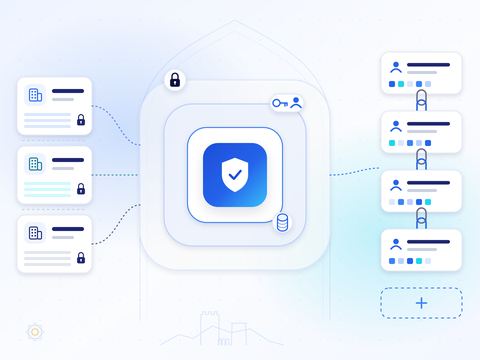Illustration: data protected in layers — secure connections, access by key and role, encrypted storage — beside separate, locked organisation spaces and an append-only chain of audit records.