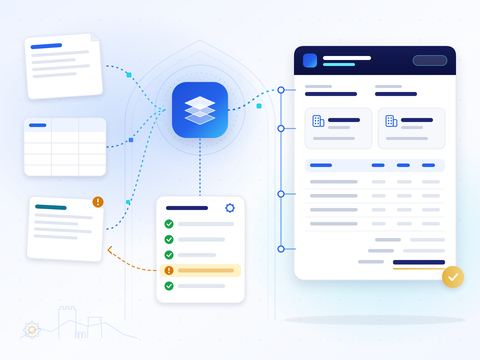 Illustration: invoices, spreadsheets and documents flow into Invoice And Tax, pass a set of validation rules — one issue is sent back for correction — and come out as a structured, confirmed e-invoice.