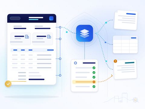 رسم توضيحي: تدخل الفواتير وجداول البيانات والمستندات إلى Invoice And Tax فتمر بقواعد التحقق، ويُعاد مستند فيه ملاحظة لتصحيحه، ثم تخرج فاتورة إلكترونية منظَّمة البنية ومؤكَّدة.